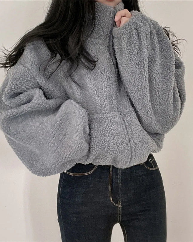 Women's Plush Faux Wool Jacket - Thick Warm Zip-up with Stand Collar