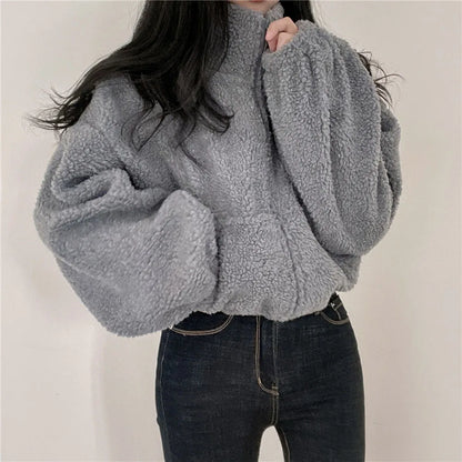 Women's Plush Faux Wool Jacket - Thick Warm Zip-up with Stand Collar