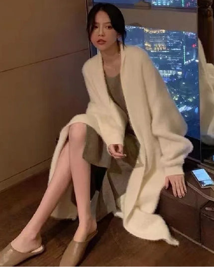 Women's Long Knitted Fluffy Cardigan with Long Sleeves