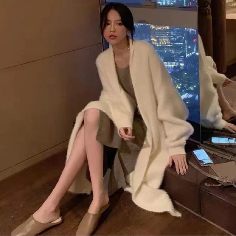 Women's Long Knitted Fluffy Cardigan with Long Sleeves