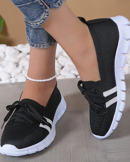 Women's Striped Lace-Up Trainers - Breathable Sneakers with Soft Sole