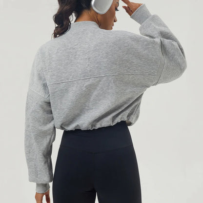 Women's High Neck Oversized Quarter Zip Cropped Sweater with Drawstring