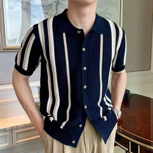 Men's Retro Style Striped Knit Polo Shirt - Casual Classic