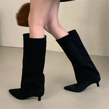 Embroidered Women's Pointed Toe High Knee Boots with Thick Heel - PU Leather