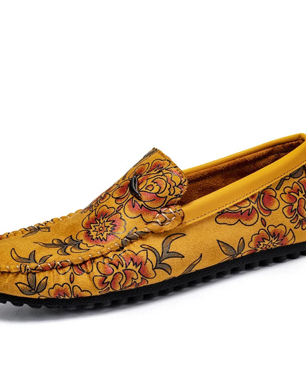 Men's Flower-Printed Faux Leather Slip-On Loafers - Stylish and Comfortable Men's Shoes