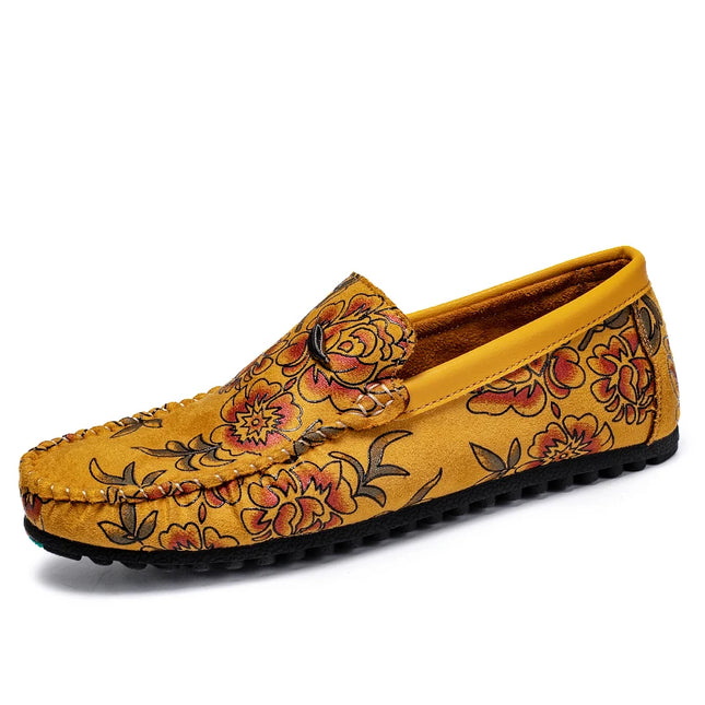 Men's Flower-Printed Faux Leather Slip-On Loafers - Stylish and Comfortable Men's Shoes