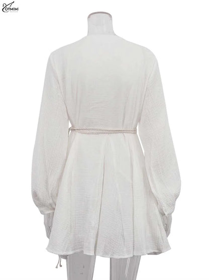 Elegant Women's Cotton V-Neck Lace-Up Loose Pleated Mini Dress by Oymimi