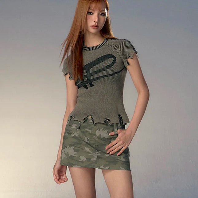 Women's Vintage Distressed Crop Harajuku Slim Ribbed T-Shirt