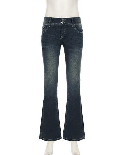 Vintage Women’s Flare Jeans – Distressed Denim Trousers with Low Waist, Washed Finish