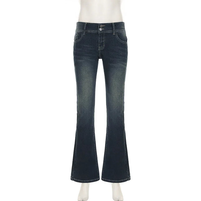 Vintage Women’s Flare Jeans – Distressed Denim Trousers with Low Waist, Washed Finish