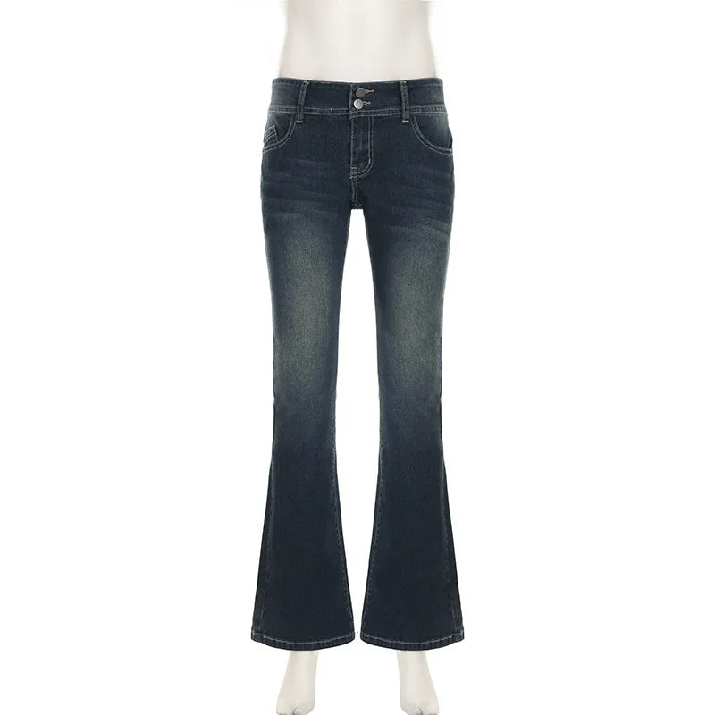 Vintage Women’s Flare Jeans – Distressed Denim Trousers with Low Waist, Washed Finish