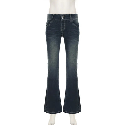 Vintage Women’s Flare Jeans – Distressed Denim Trousers with Low Waist, Washed Finish