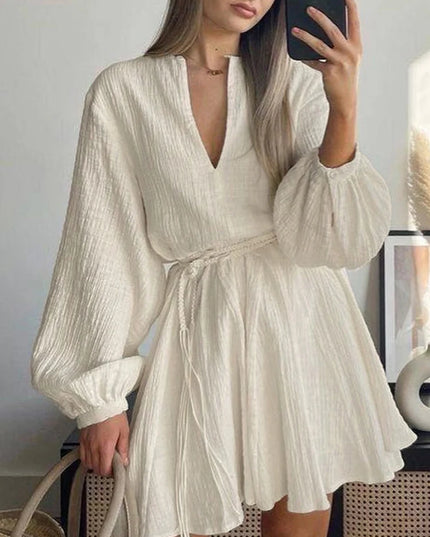 Women’s V-Neck Mini Dress with Flare Sleeves and Short Length