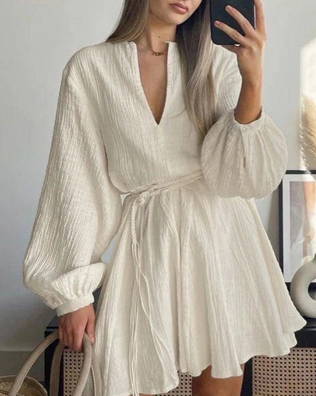 Women’s V-Neck Mini Dress with Flare Sleeves and Short Length