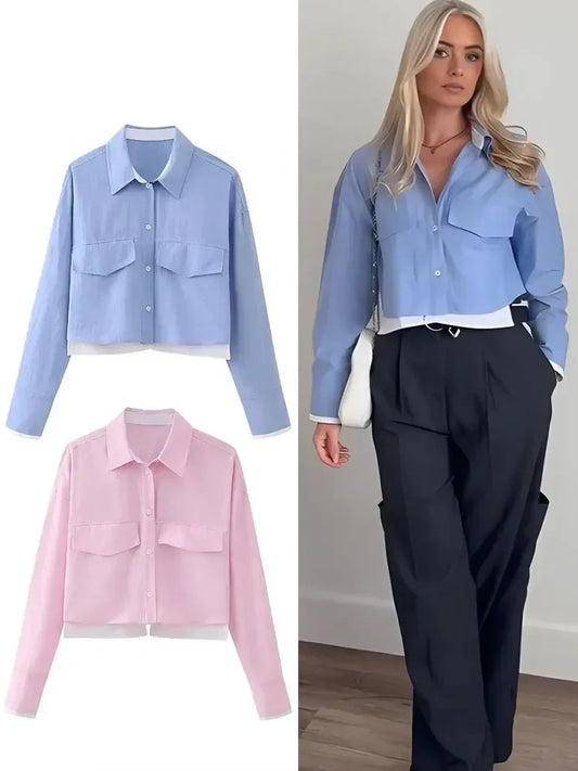 Women's Crop Blouse Shirt with Lapel, Long Sleeves, and Pocket