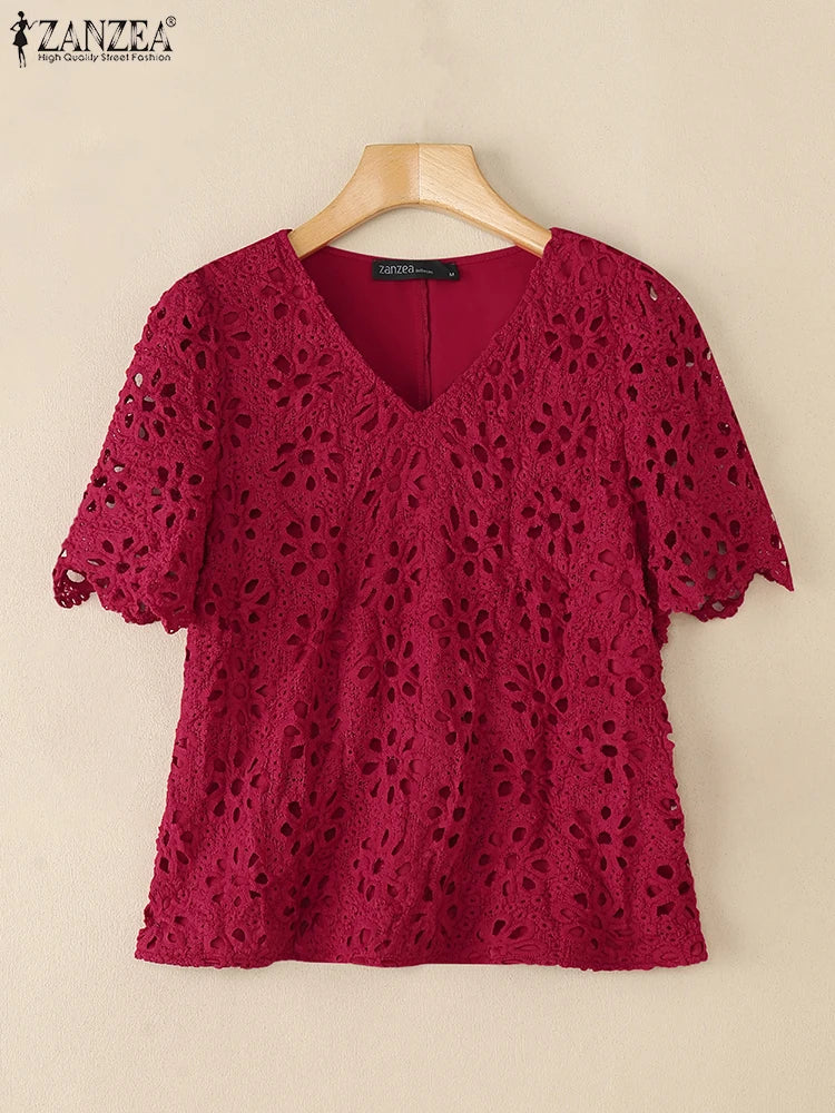 ZANZEA Women's Embroidered V-Neck Blouses - Casual Short Sleeve Hollow Out Lace Top