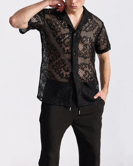 Men's Short Sleeve Mesh Lace Knit Shirt