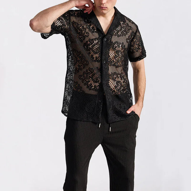 Men's Short Sleeve Mesh Lace Knit Shirt