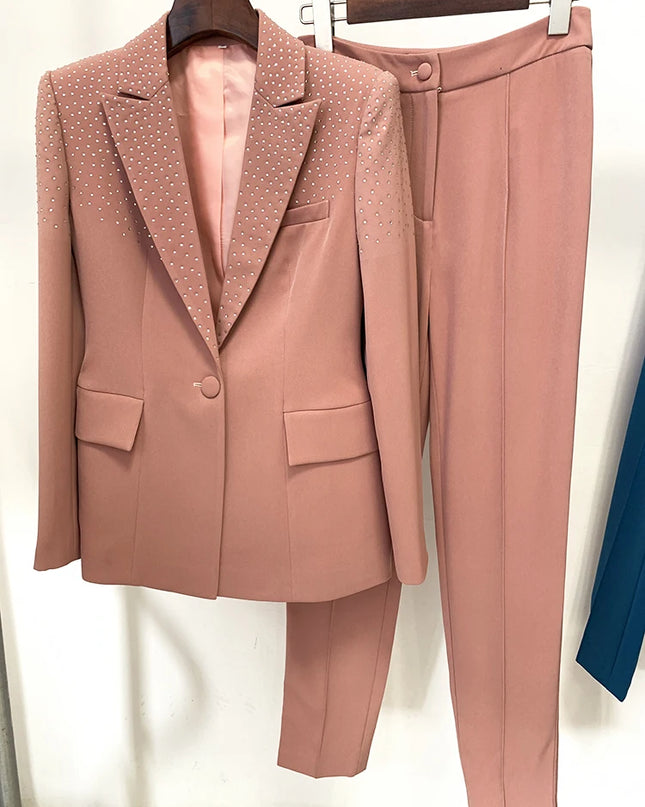Women's Elegant Two-Piece Beaded Blazer and Pants Set with  Diamond Detailing