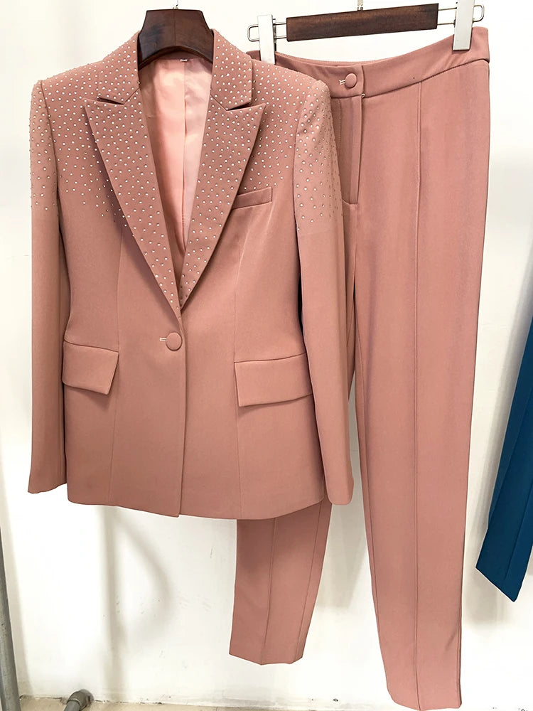 Women's Elegant Two-Piece Beaded Blazer and Pants Set with  Diamond Detailing