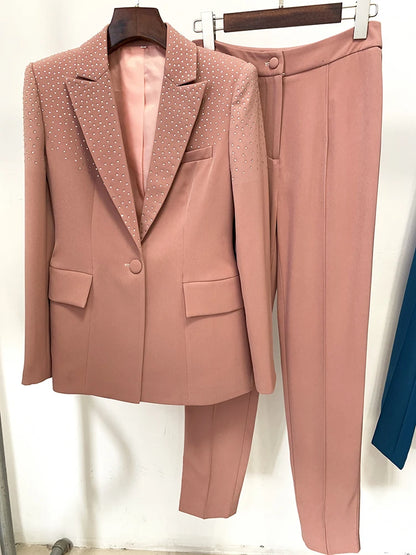 Women's Elegant Two-Piece Beaded Blazer and Pants Set with  Diamond Detailing