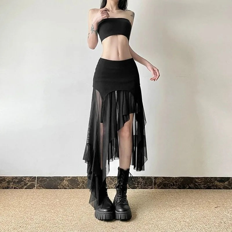 High-Waisted Irregular Mesh Skirt for Women - Ruffled, Slim Fit