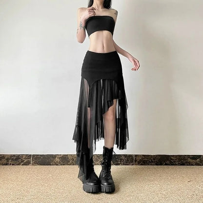 High-Waisted Irregular Mesh Skirt for Women - Ruffled, Slim Fit