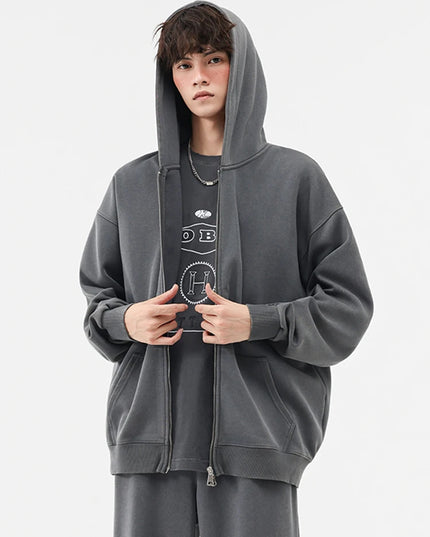 Men's Oversized Washed Faded Knit Zip-Up Cardigan