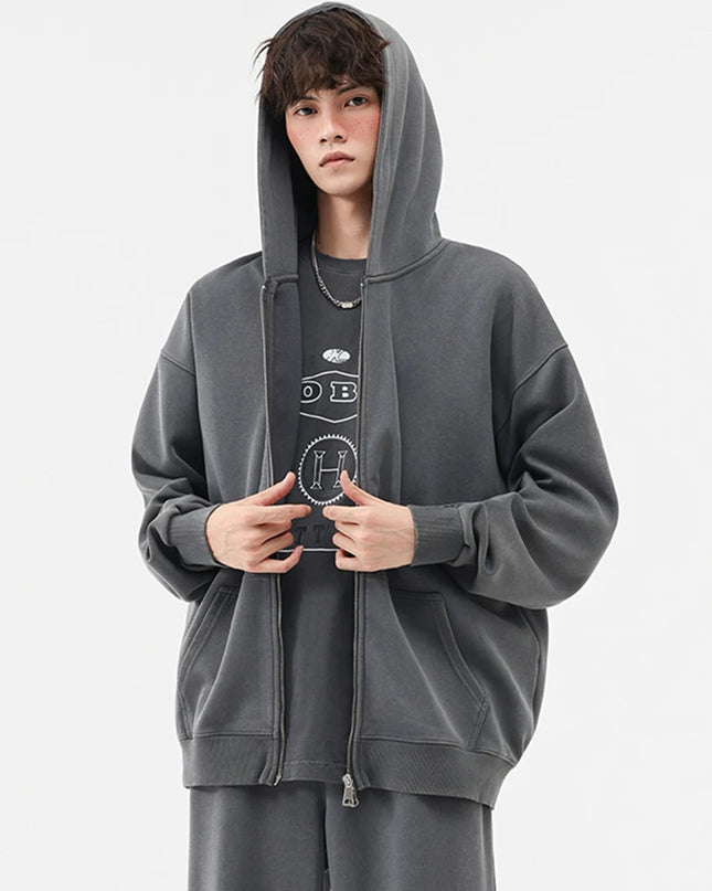 Men's Oversized Washed Faded Knit Zip-Up Cardigan