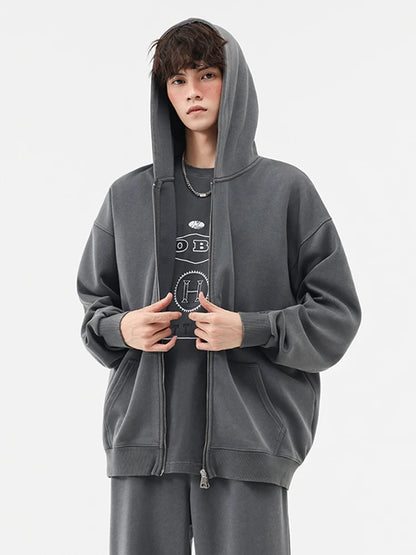 Men's Oversized Washed Faded Knit Zip-Up Cardigan