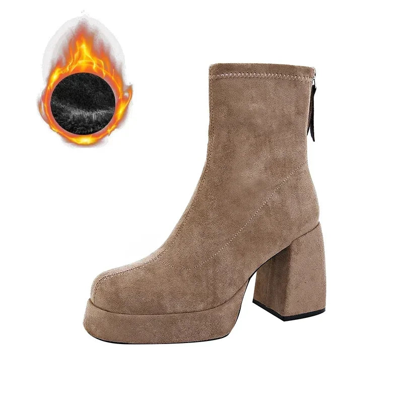 Ohmmayby Stylish Women’s Ankle Boots with Platform Square High Heels