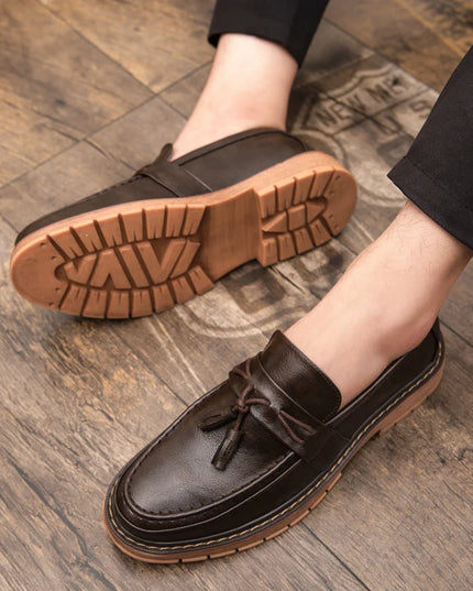 Men's Thick-Sole Leather Slip-On Loafers – Stylish & Comfortable Dress Shoes for Men