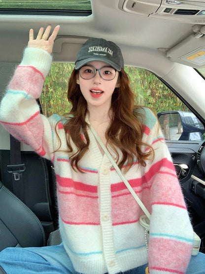 Women's Sweet Striped Knitted Cardigan Sweater