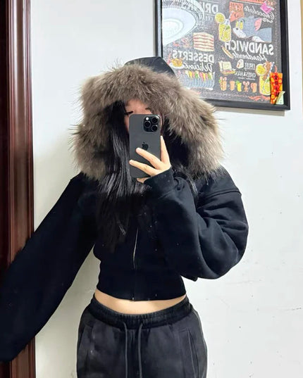 Women's Faux Fur Collar Cropped Zipper Hooded Jacket