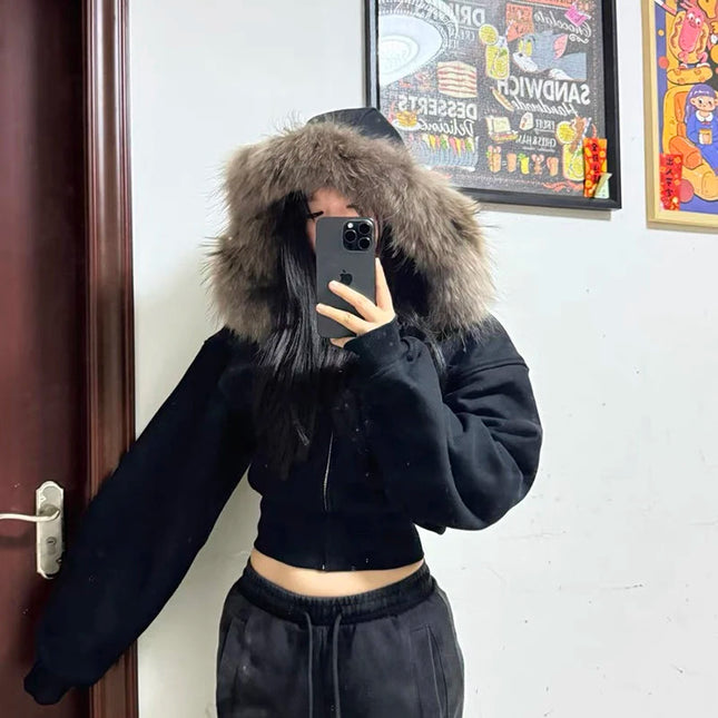 Women's Faux Fur Collar Cropped Zipper Hooded Jacket