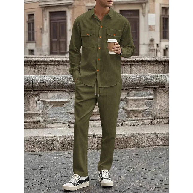 Men's Two-Piece Corduroy Casual Suit – Long-Sleeved Shirt and Long Pants Set