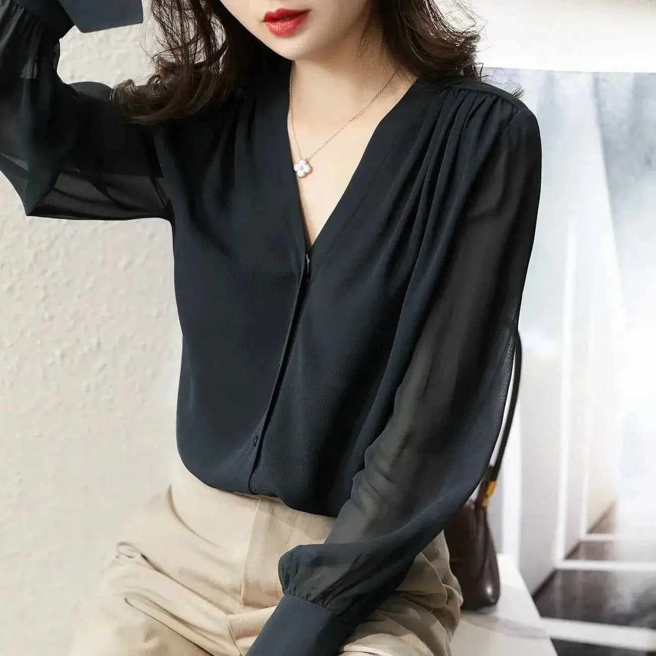 Chic Long Sleeve Ruffled Chiffon Blouse for Women  - Various Colors