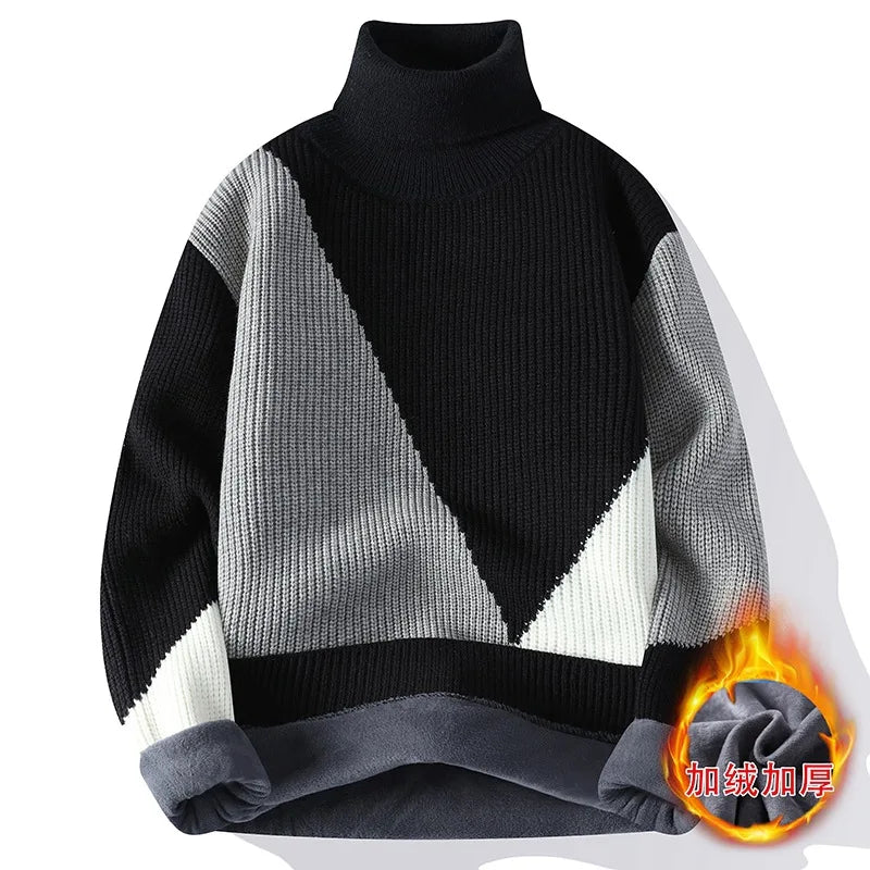 Men's Warm Fleece Turtleneck Sweater - Knitted, Loose Fit, Cozy Winter Pullover