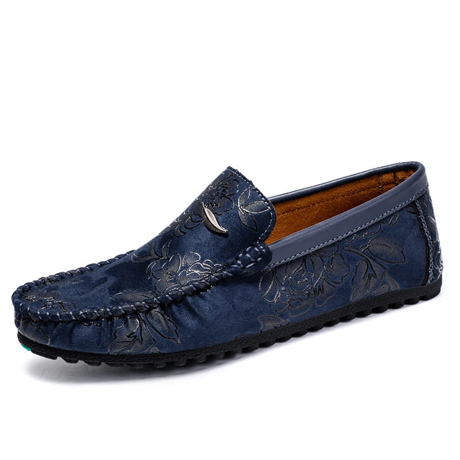Men's Flower-Printed Faux Leather Slip-On Loafers - Stylish and Comfortable Men's Shoes