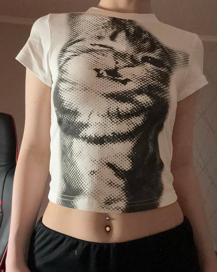 Women's Cat Print Cropped T-Shirt, Crewneck, Slim Fit Tee