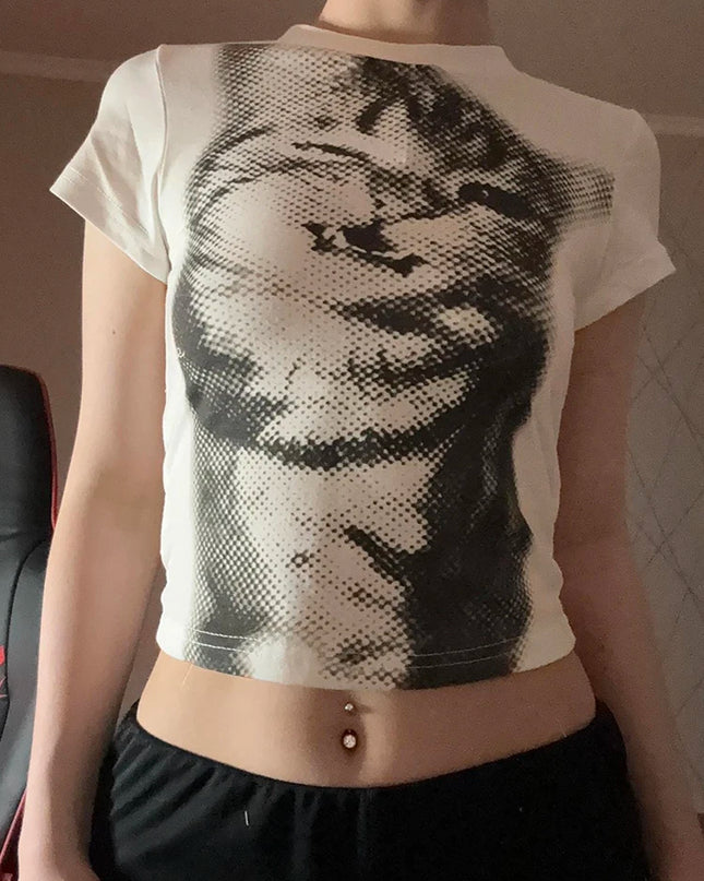 Women's Cat Print Cropped T-Shirt, Crewneck, Slim Fit Tee