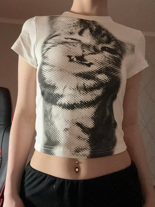 Women's Cat Print Cropped T-Shirt, Crewneck, Slim Fit Tee
