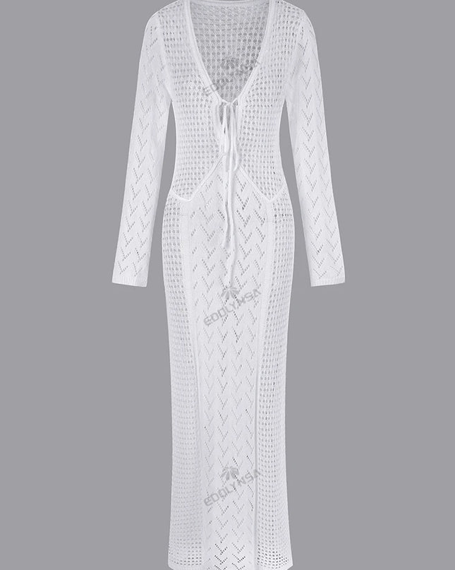 Women's Knit Swimsuit Cover-Up with V-Neck & Hollow-Out Design – Long Sleeve Beach Maxi Dress
