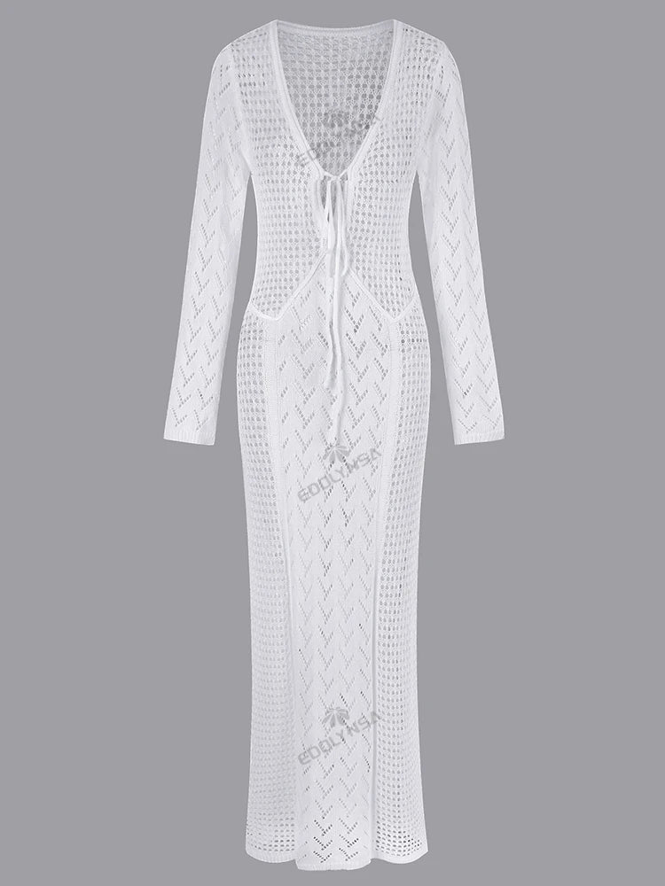 Women's Knit Swimsuit Cover-Up with V-Neck & Hollow-Out Design – Long Sleeve Beach Maxi Dress