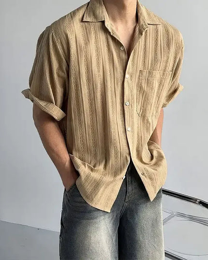 Men's Casual Hollow Stripe Short Sleeve Shirt - Loose Fit, Breathable, Button-Down