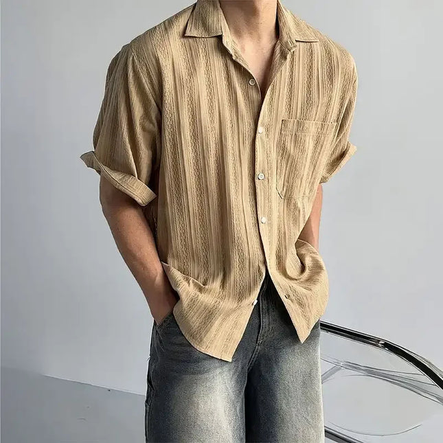 Men's Casual Hollow Stripe Short Sleeve Shirt - Loose Fit, Breathable, Button-Down