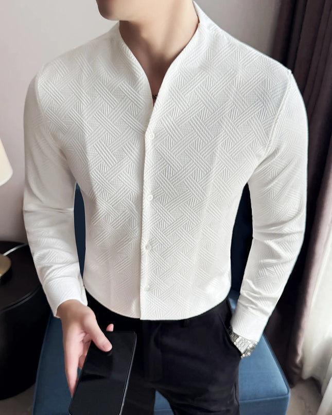 Men's V-Neck Long Sleeve Slim Fit Casual Shirt with Stand Collar