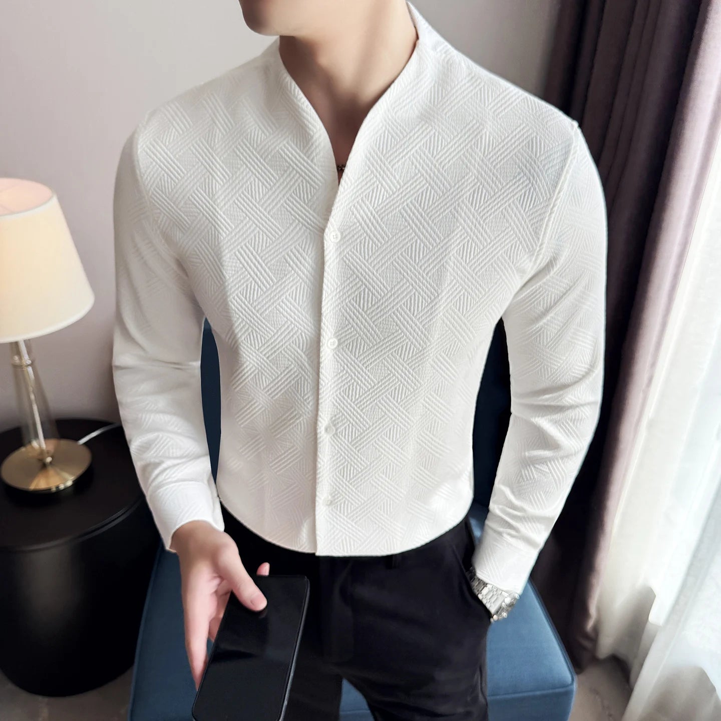 Men's V-Neck Long Sleeve Slim Fit Casual Shirt with Stand Collar