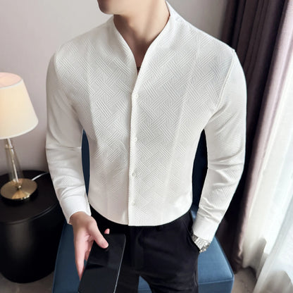 Men's V-Neck Long Sleeve Slim Fit Casual Shirt with Stand Collar