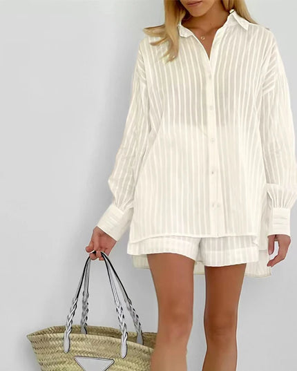Women's Casual Two-Piece Striped Jacquard Shirt and Elastic Waist Shorts Set